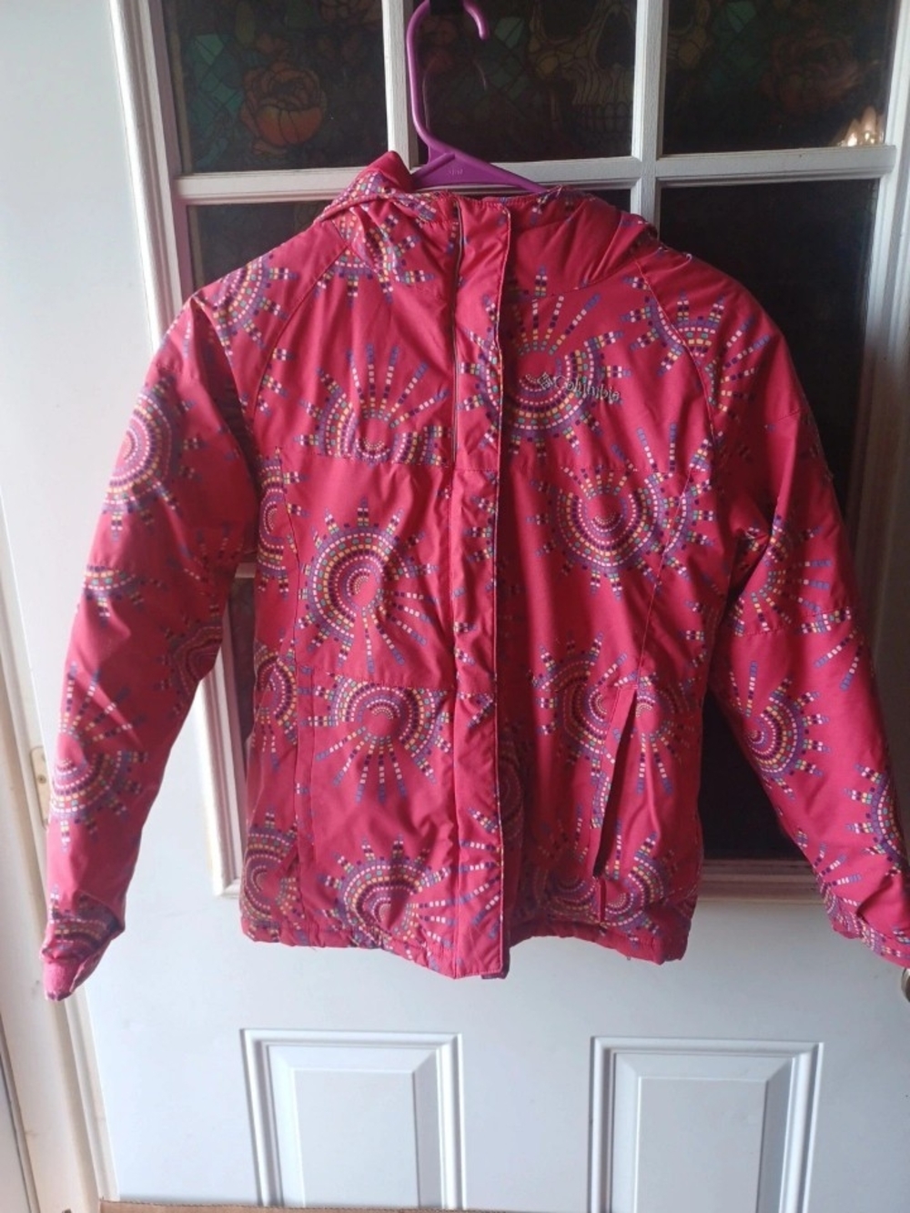 Girls' Bright Pink Hooded Puffer Jacket with Colorful Circle Print